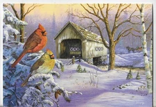 NOS LEANIN' TREE Christmas Card 6.75x4.75 Old Covered Bridge Red Cardinal Snow