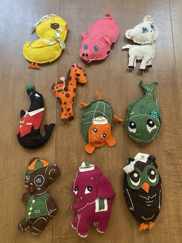 Vintage Handmade Felt Animals Lot 10 Piece: Owl, Turtle, Duck, Pig, Seal, Fish +