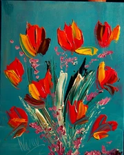 RED TULIPS  █ IMPRESSIONISM █PAINTING█MODER​N█ORIGINAL█CANVAS█ART█uF7IW