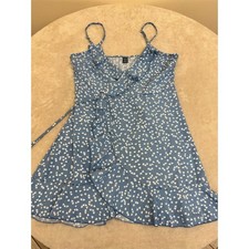SHEIN Wrap Dress Womens Size M Blue Heart Print Ruffle Trim Spaghetti NEW!