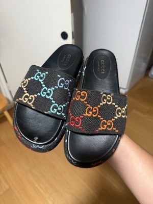 Gucci Women's GG Logo Slide Sandals Black/Multicolor Rubber Slip-On US 10