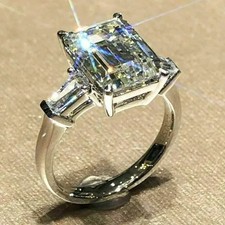 3 Ct Emerald Cut Moissanite Three Stone Engagement Ring 14k White Gold Plated