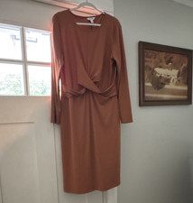 Nine West Women’s Brown Solid Ribbed Knit Twist Front Dress XXL Knee Length