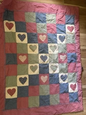 QUILT Country Primitive HAND MADE 40x56 Squares Lap Cotton Earthtones Hearts