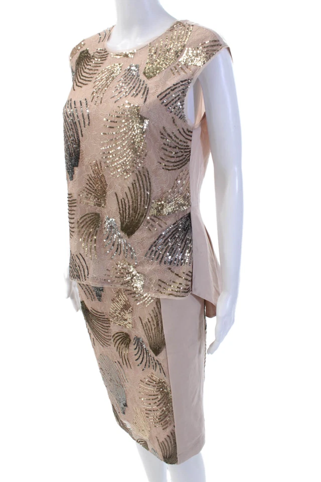 Conjunto de Blusa BCBG Max Azria Feminina Lantejoulas Gola Redonda Sem Mangas Rosa Tamanho M - Imagem 3 de 4