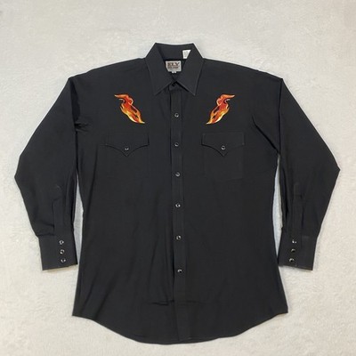 Ely Cattleman Shirt Mens Medium Black Flame Fire Embroidery Pearl Snap Western