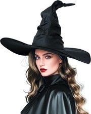 Women's Black Ruched Witch Hat Shapeable Wide Brim Halloween Costume Accessory