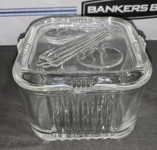 Vintage Ribbed Federal Glass Refrigerator Dish with Veggie Motif Lid