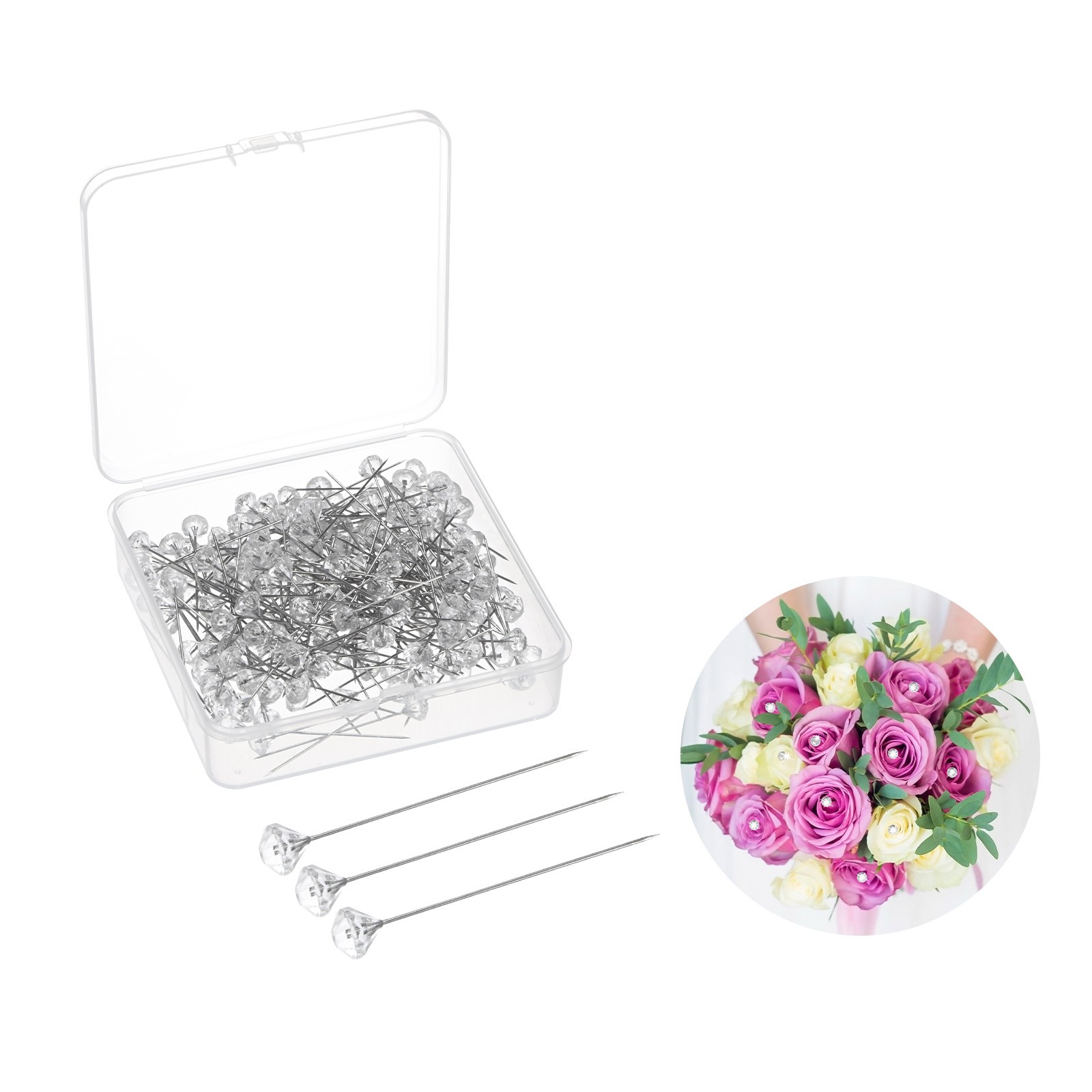 200-Pack Corsage Boutonnieres Pins, 5.1cm Diamond Clear Straight Pin for Wedding