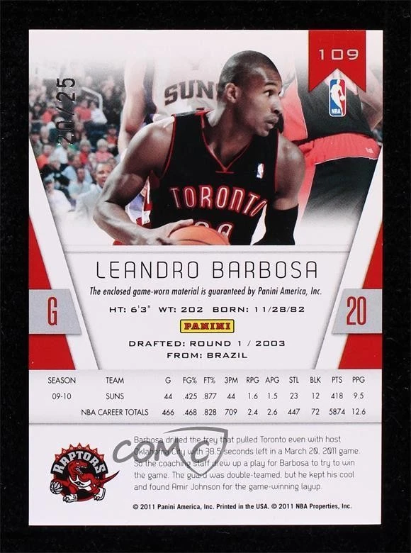 2010-11 Totally Certified Totally Gold Materials Prime /25 Leandro Barbosa #109 - Image 2 of 2