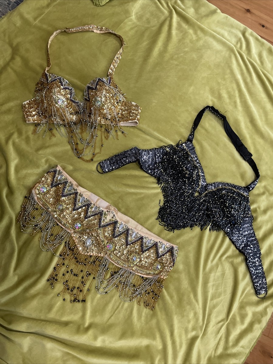 Lot 3 Piece Vintage Professional Hand Beaded Belly Dance Gold Bra