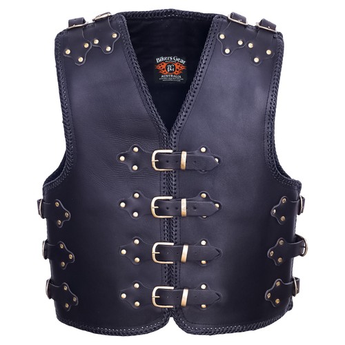 Mens Motorcycle Motorbike HeavyDuty 4mm Gold Buckle Leather Vest Biker - Picture 11 of 11