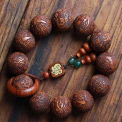 20MM Red Sandalwood Sculpture dragon Cuff Mala Lucky Bracelet Charm