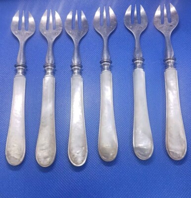 6 Antique 950 Silver Oyster Forks Pearl Handle Paris France