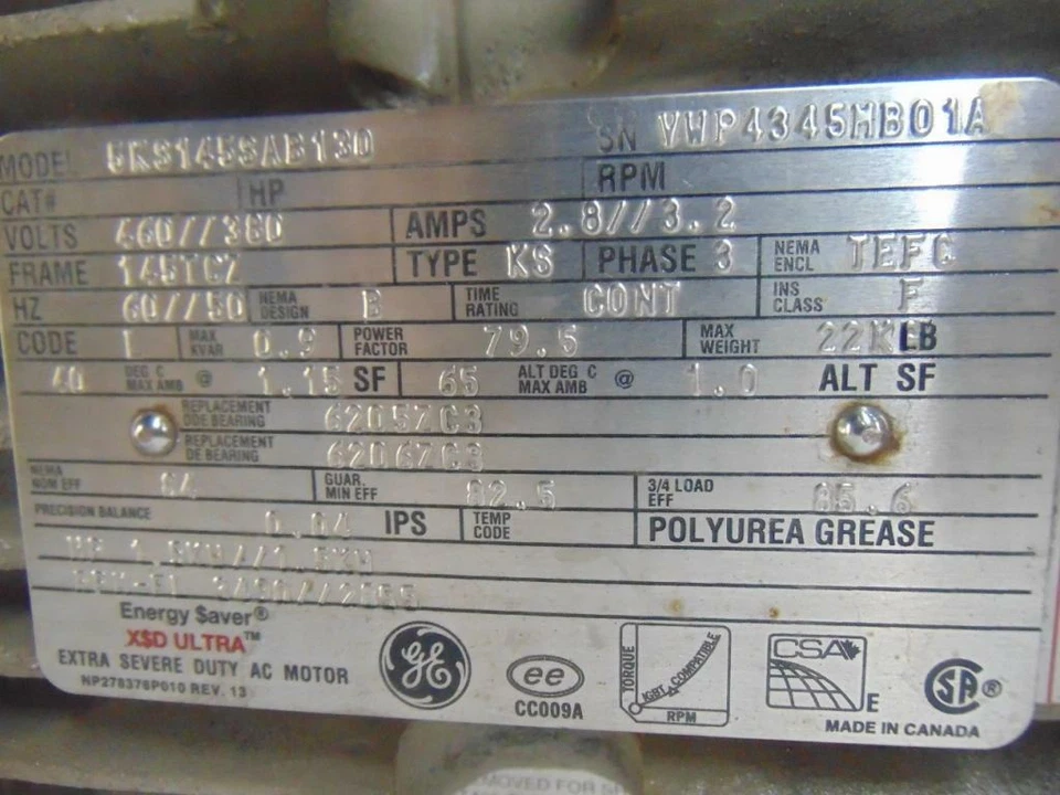 GE EXTRA SEVERE DUTY AC MOTOR, 5KS1456AB130, HP 1.5KW, FRAME 145TCZ, RPM 3490 - Image 2 of 4