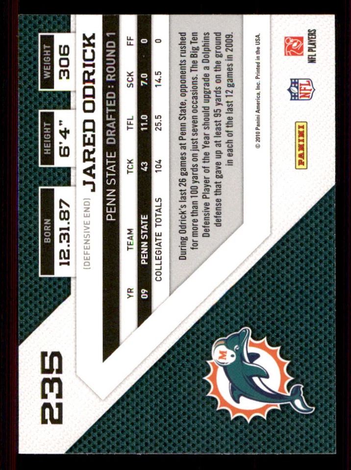 2010 Panini Threads #235 Jared Odrick RC - Image 2 of 2