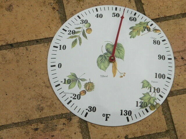 Thermomètre émail artisanal rond feuilles, idée cadeau authentique fabriqué en France