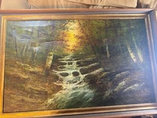 M.E.S "River And Landscape Scene" Oil Painting -Signed/Framed For Restoration