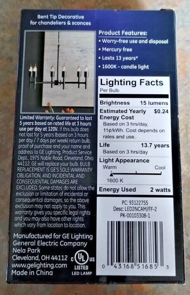 Light Bulbs Flicker Flame GE LED Low Energy Non Dim 15 Lumens soft white 2 Watt - Image 3 of 4
