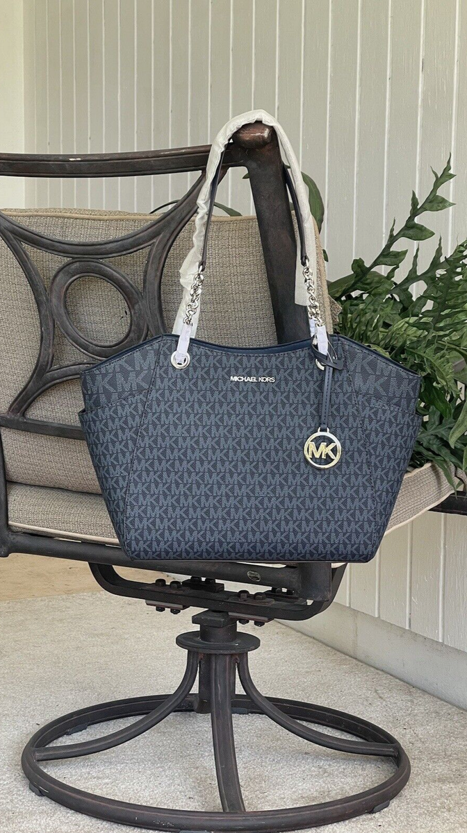 MICHAEL KORS JET SET TRAVEL LARGE CHAIN SHOULDER TOTE BAG MK NAVY