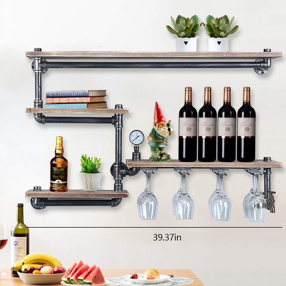 Rustic Metal Floating Bar Shelves Wall Mounted Industrial Pipe Shelf