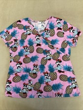 Disney Women Scrub Top Large Minnie Mouse Print Pink Pineapple 100 Cotton Flaw