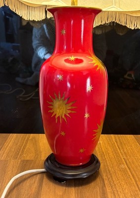 Vintage Carlos Remes rote Porzellan Tischlampe - Gold Sonne & Sterne - PAT GETESTET 