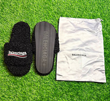  THROW FAIR OFFER Balenciaga Men's Logo Fur Slide Sandals Black Slip On US 9