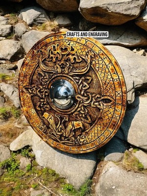 Medieval 24'' Viking Wooden Wall Raven Shield Wall Decor Wooden Carved Shield