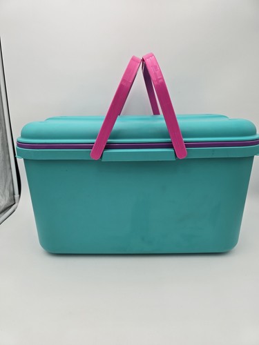Vintage Eagle Craftsor Sewing Craft Tote Bin Teal Blue and Pink With trays