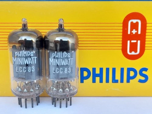 2x ECC83 / 12AX7 PHILIPS Miniwatt  tubes LONG plates - mCP / 45° D foil- 1955