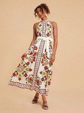 Women's Floral Print Lace-up Sleeveless Mid-length Dress