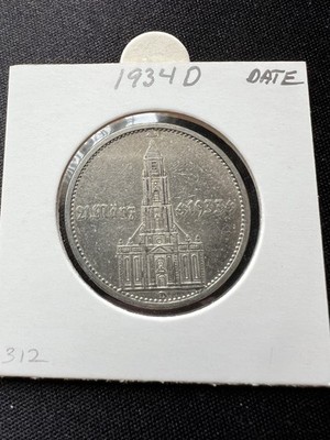GERMANY 1934-D Potsdam Church with DATE .900 Silver 5 Reichsmark Coin
