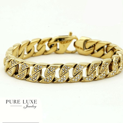Men's 8.5'' Stainless Steel,Cubic Zirconia 13mm Curb Bracelet*Gold plated*BOX