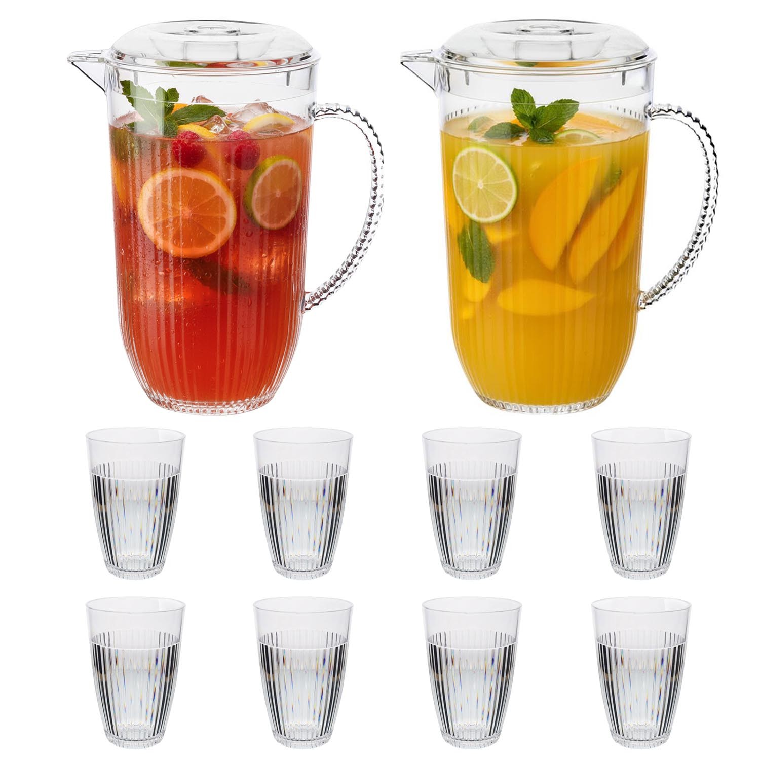 Pitcher & Tumbler Set Reusable Acrylic 2pcs 2L Jug with 8pcs 400ml Cups Ribbed