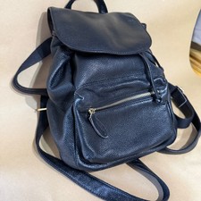Jane Shilton Black Pebbled Leather Backpack Rucksack Bag Drawstring Magnetic Fla