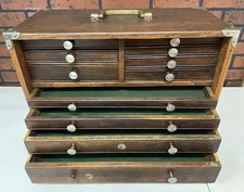 Antique Oak Wooden Engineers Toolbox Collectors Cabinet Watchmakers Vintage