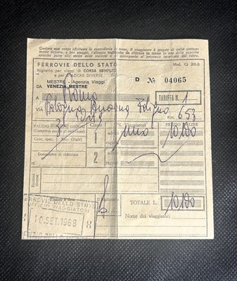 Vintage 1968 1st Class Train Ticket Ferrovie Dello Stato Italy Venezia Mestre
