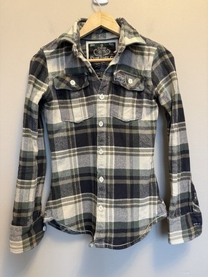 Superdry Checked Plaid Shacket Thick Flannel Blue Beige Size XS MISSING HOOD