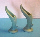 2 Vtg. VAN BRIGGLE Art Pottery Turquoise Blue Bird of Paradise Vases 8.5" Signed