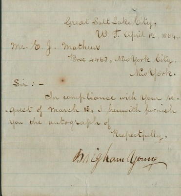 BRIGHAM YOUNG - MANUSCRIPT LETTER SIGNED 04/12/1864