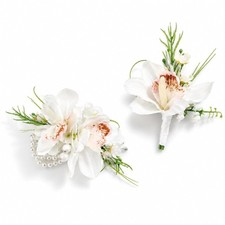 Rinlong White Orchid Corsage and Boutonniere Set for Prom Homecoming