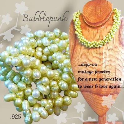 925 Sterling Silver Limon Green Pearl 3-Strand Torsade Necklace ~ Estate S24