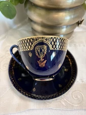 VTG Lomonosov Russian Cobalt Blue Gold Decorative Tea Cup & Saucer, USSR~2 AVAIL
