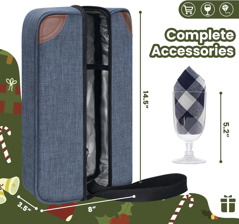 Bolso de Vino Aislado ALLCAMP - Elegante Bolso Enfriador Azul con Vasos y Sacacorchos Foto 4 de 4