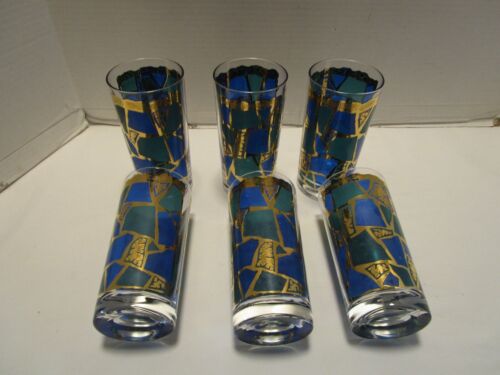 Vintage Georges Briard Highball Glas GOLD & BLAU Mosaik 1960er 22K 1960er MCM