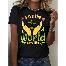 Women's "Save The World" Letter Colored Earth and Hand Print Flower T-shirt