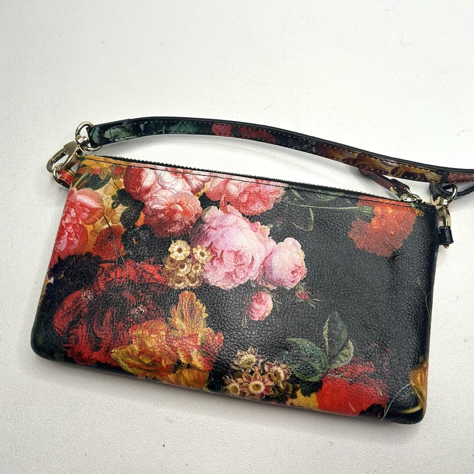 Bolsa carteira tiracolo LODIS couro preta com flores coloridas floral pulseira - Imagem 4 de 4