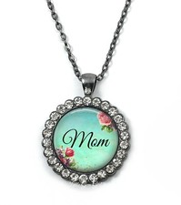 Mom Rhinestone Crystal Rose Pendant Charm Necklace Mothers Day Gunmetal