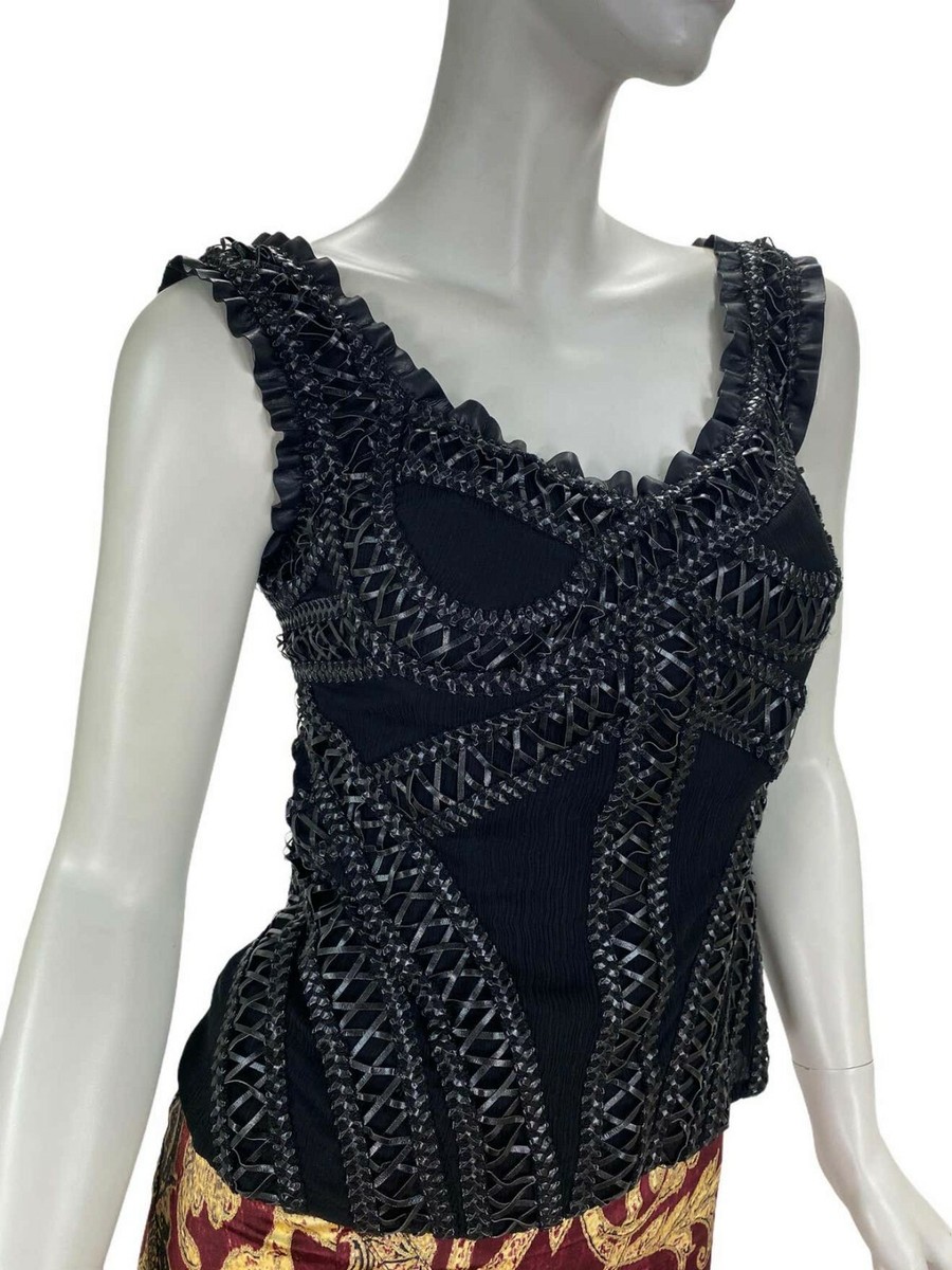2004 Vintage Alexander McQueen Black Silk and Leather Corset
